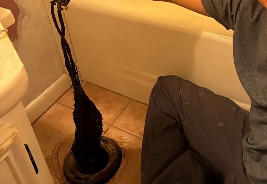 A long, dark clump of gunk pulled out of a toilet drain in a bathroom